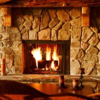 		Stone fireplace, lively flames
	