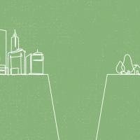 		White line drawing on green background showing city on one side of a chasm and a farm on the other
	