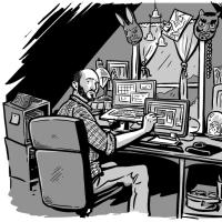 		Black and white comic image of a person sitting at a desk, drawing
	