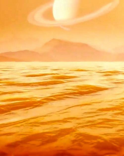 		Bright gold sea with mountains in distance
	