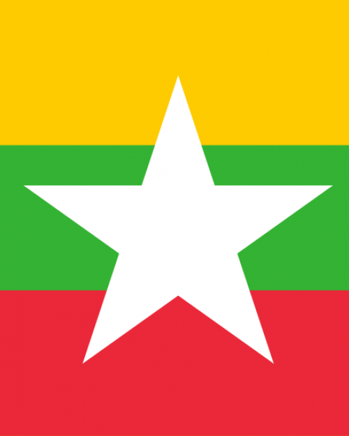 		Myanmar flag: white star on yellow, green and red background
	
