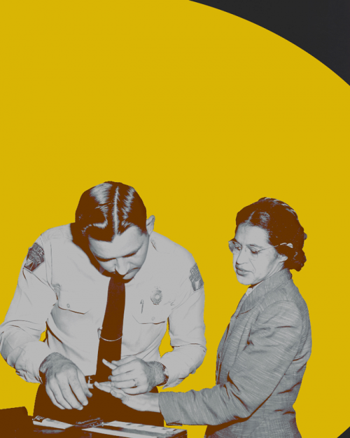 		Poster featuring photo of woman and police officer
	