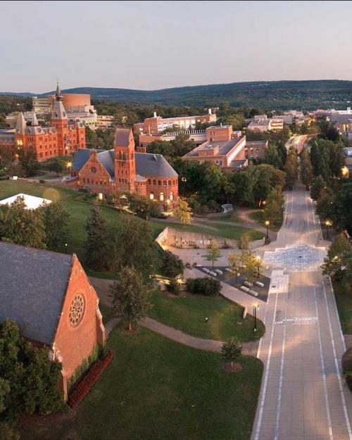 		Campus buildings seen from above, in evening light
	