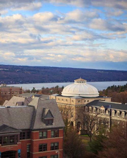 		Campus buildings, cloudy sky, lake
	