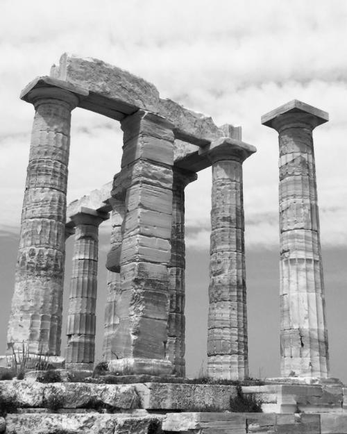 		ancient stone pillars, black and white image
	