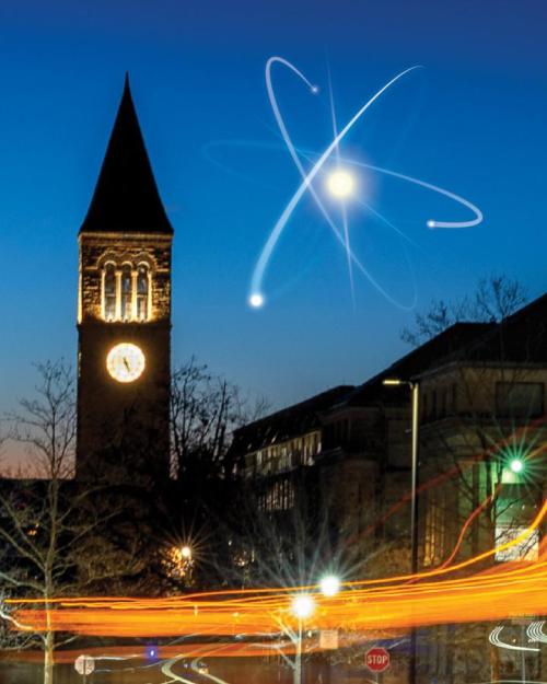 		An artist&#039;s rendition of an atom in the sky next to McGraw Tower on Cornell&#039;s campus.
	