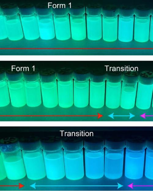 		Three tiers of scientific vials containing liquid glowing in a rainbow range from green to dark blue.
	