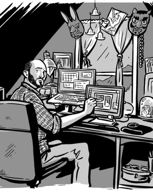 		Black and white comic image of a person sitting at a desk, drawing
	