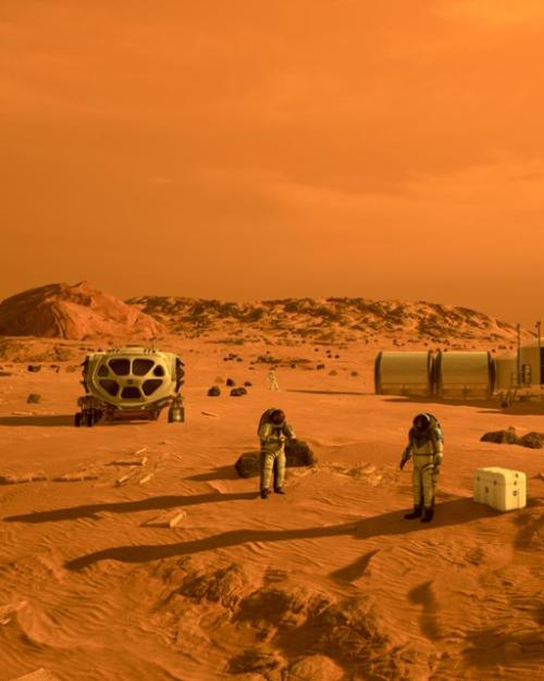 		Illustration: red sky and land, people in space suits, modular buildings
	