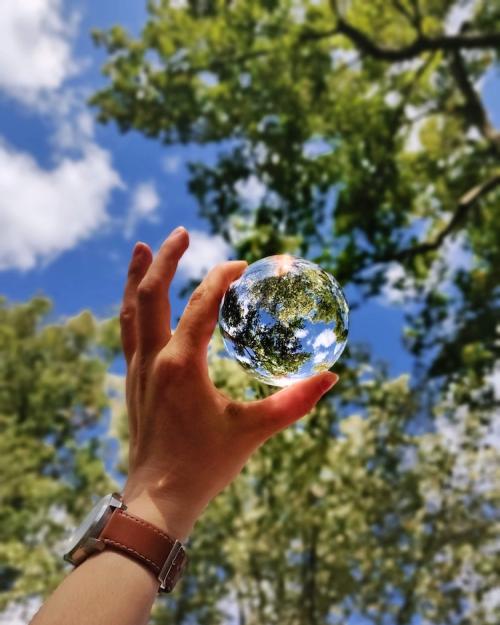		A hand holds up a clear glass ball, which reflects foliage, sky and sunlight
	