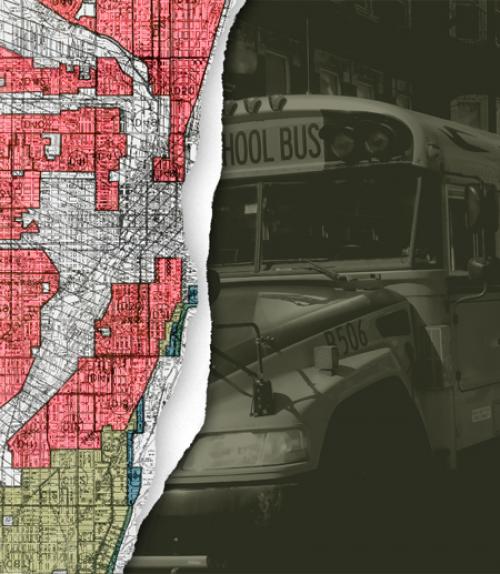 		 A map showing redlining next to a school bus
	