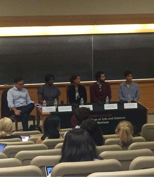 		 Four student panelists talking about their internship experiences 
	
