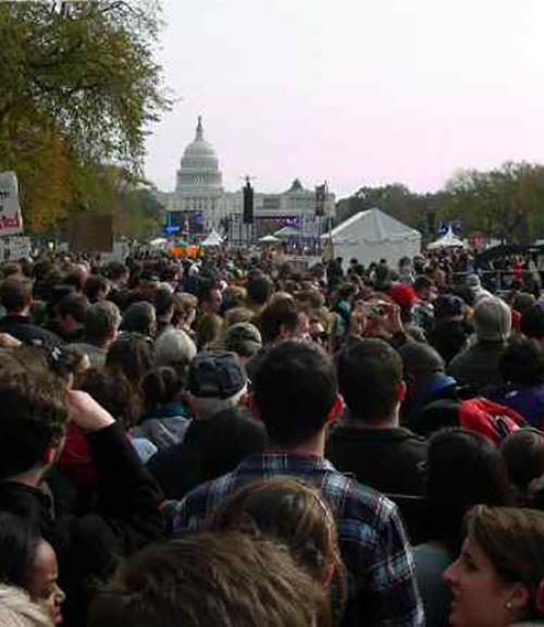 		 Protesters in a crowd in Washington DC
	