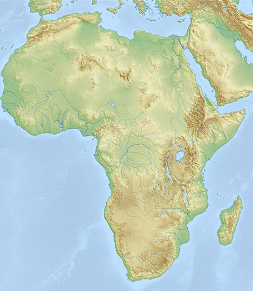 		 Green, brown and blue map of Africa showing no borders
	