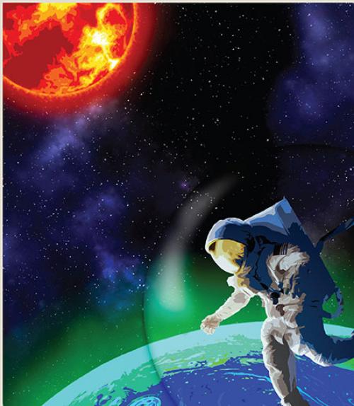 		 Red sun and exoplanet with a biofluorescent glow, with a person in a spacesuit hovering above
	