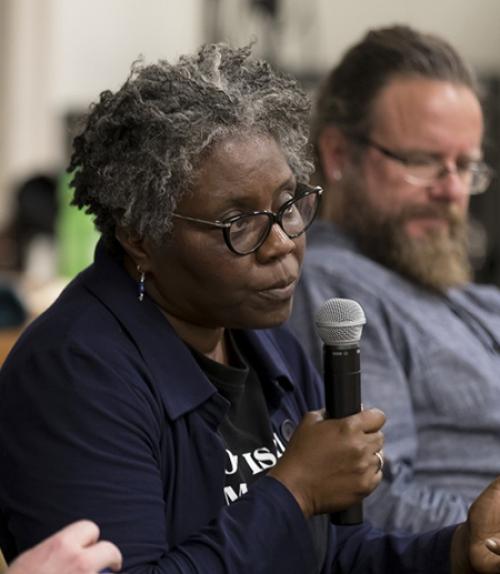  Noliwe Rooks, professor of Africana studies, answers a question during the History of Capitalism forum.
