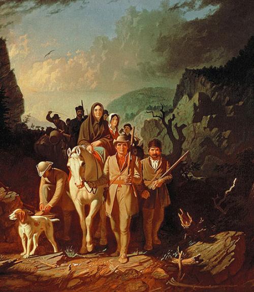 		 Daniel Boone holding rifle and leading a mounted party of settlers
	