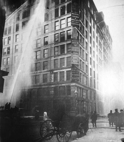 		 Water shooting up the side of the Triangle Shirtwaist Factory as firefighters try to put out the fire
	