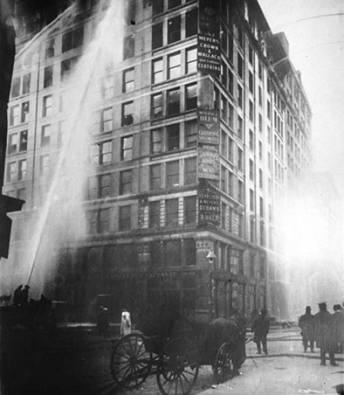  Water shooting up the side of the Triangle Shirtwaist Factory as firefighters try to put out the fire