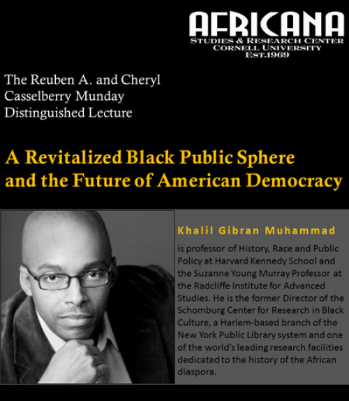 		 Poster for Khalil Gibran Muhammad&amp;#039;s talk &amp;#039;A revitalized black public sphere and the future of American democracy&amp;#039;
	