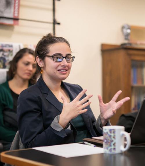  Seema Golestaneh, assistant professor of Near Eastern Studies, speaks during the Nov. 27 Listening to the Middle East session for BOCES K-12 teachers.
