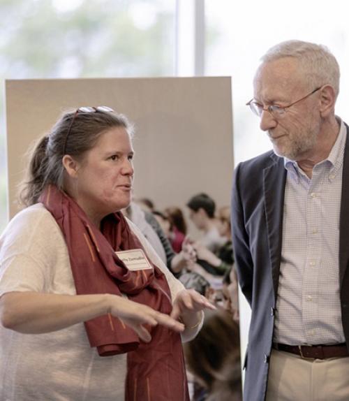 		 Kelly Zamudio, left, Goldwin Smith Professor of Ecology and Evolutionary Biology, and Provost Michael Kotlikoff chat at the Provost’s Seminar on Teaching and Learning April 18 at the Statler Hotel.
	
