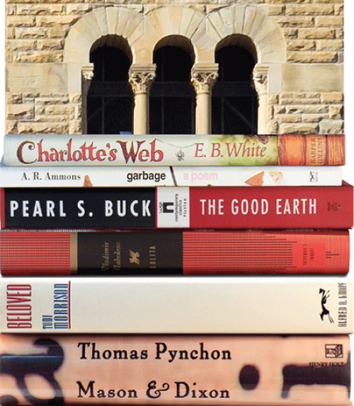 		 A stack of books by Cornell authors
	