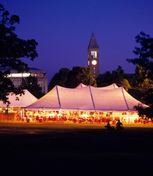 		 Big tent on the Arts Quad with lots of alumni
	