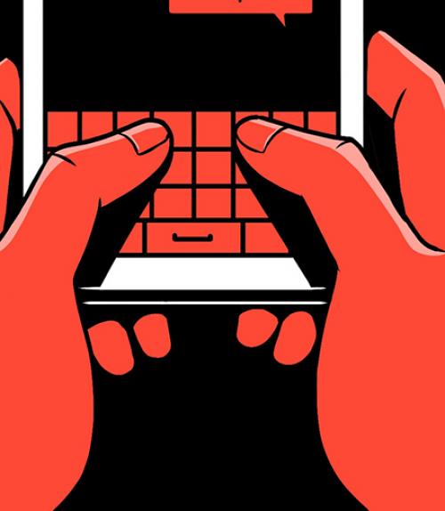  Cartoon of red hands operating a smart phone