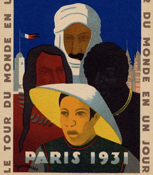 		 A 1931 poster showing a  man in a Chinese hat, an Arab in headdress, a Native American and an African
	