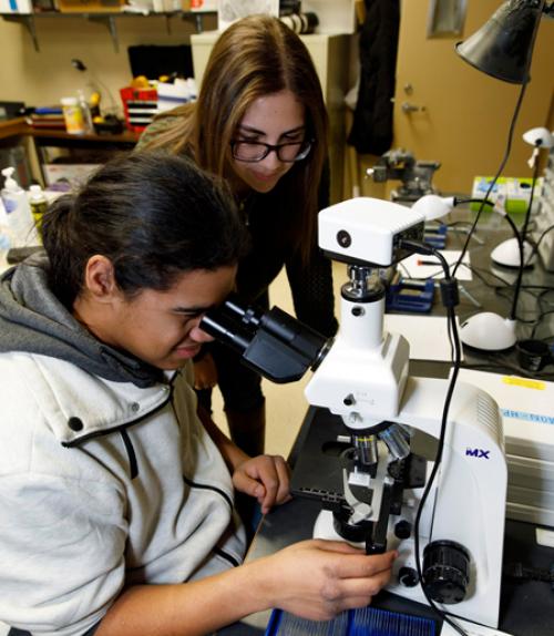  Lindsay Rait working with high school student Mohammed Williams in a lab