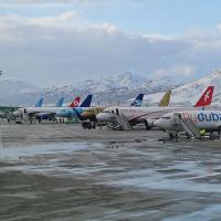 Planes in a row with snow-covered mountains behind them.