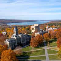 Aerial view of the Arts Quad in the fall