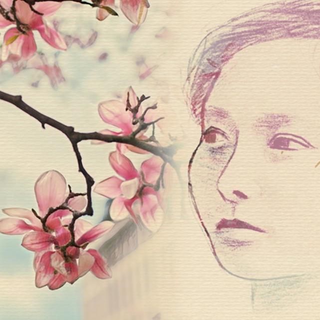 Drawing collage showing a face, a branch with pink blossoms and a clock tower
