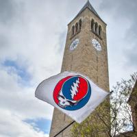 		White flag showing a red, white and blue skull graphic in front of a campus clock tower
	