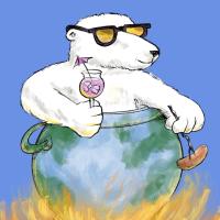 		Illustration of a polar bear in a kettle, sipping a pink cocktail and roasting a weenie over a fire
	