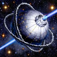 A metal sphere surrounded by two metal rings with a laser beam shooting in both directions from the middle with the stars in the background.