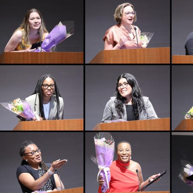 A grid of images of several people accepting awards at a podium