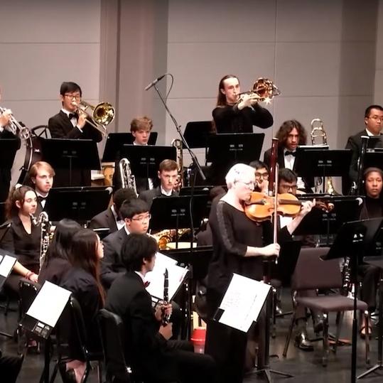 musicians playing their instruments on a stage, seated or standing behind music stands
