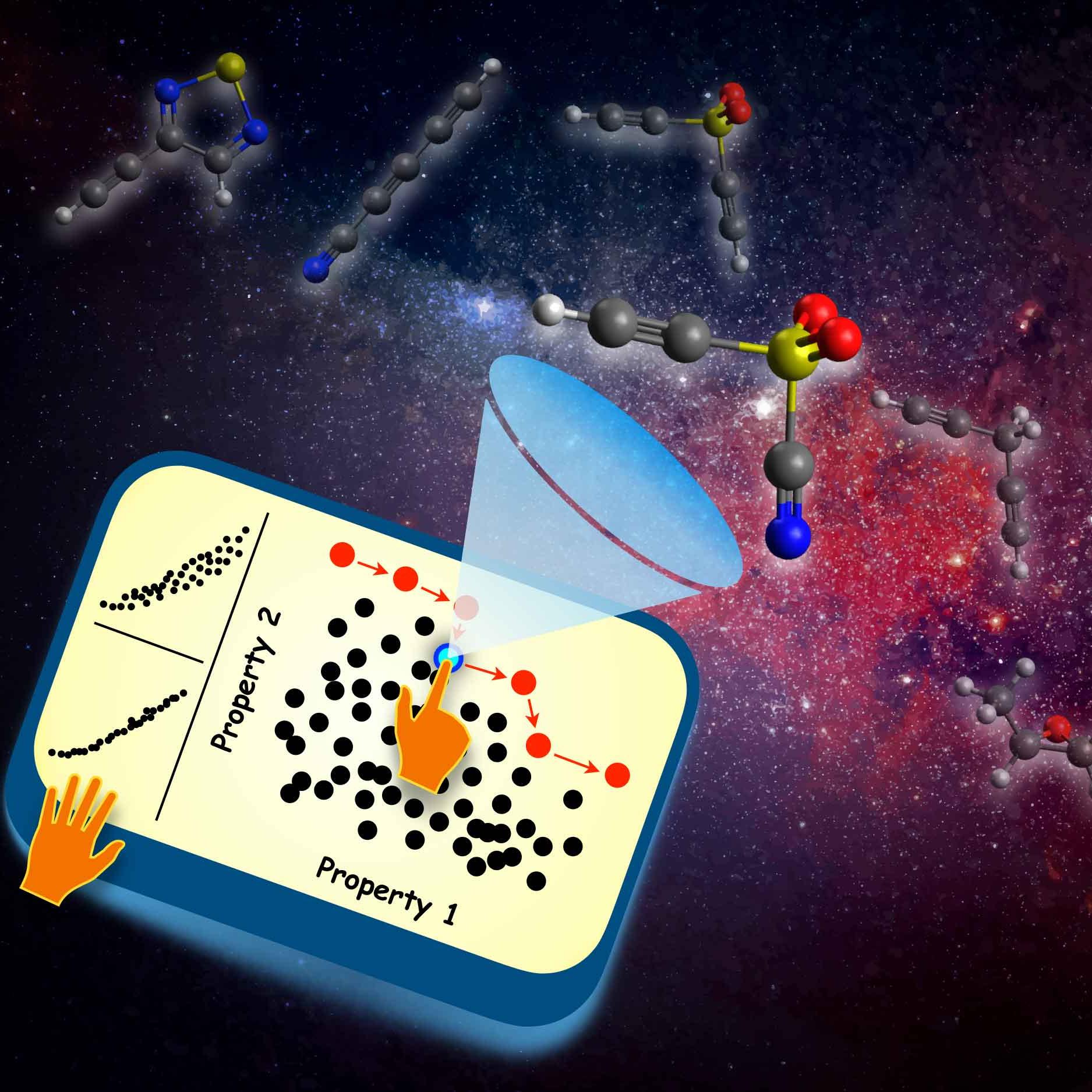An artist's rendition of two hands pressing a screen, generating molecules floating into outerspace