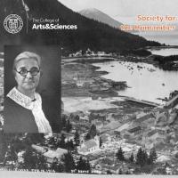 		Black and white historical photo of a person wearing spectacles set over a black and white mountain landscape
	