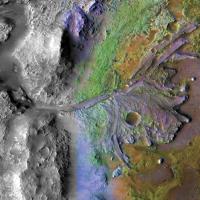 Multi-colored terrain on Mars, seen from above