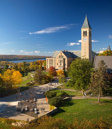 Cornell&#039;s central campus with lake beyond