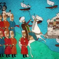 Illustration in bright colors of a man on horseback