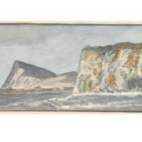 Watercolor painting of a coastline with a sail boat
