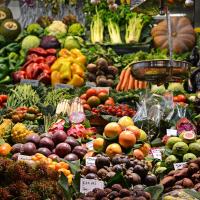 Fruits and vegetables arranged at a market
