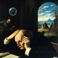 A painting (generated by AI) depicts a person looking stressed while a bubble over his head reflects the colors of a scene outside his window