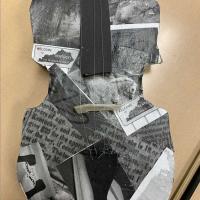 Collage of black and white text fragments shaped like a fiddle