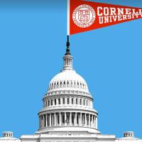 Illustration of the US Capitol Building against a bright blu background, a red Cornell University flag perched on top
