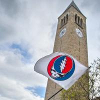 White flag showing a red, white and blue skull graphic in front of a campus clock tower
